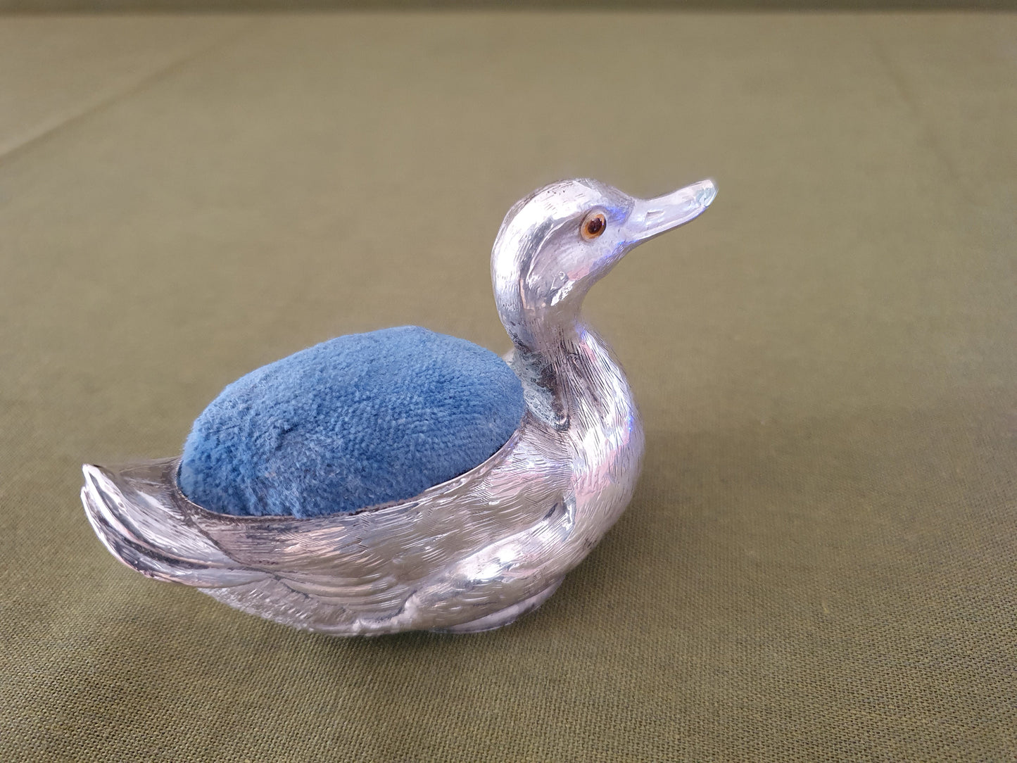Novelty Large Solid Silver Duck Pin Cushion. Birmingham 1907. Crisford & Norris