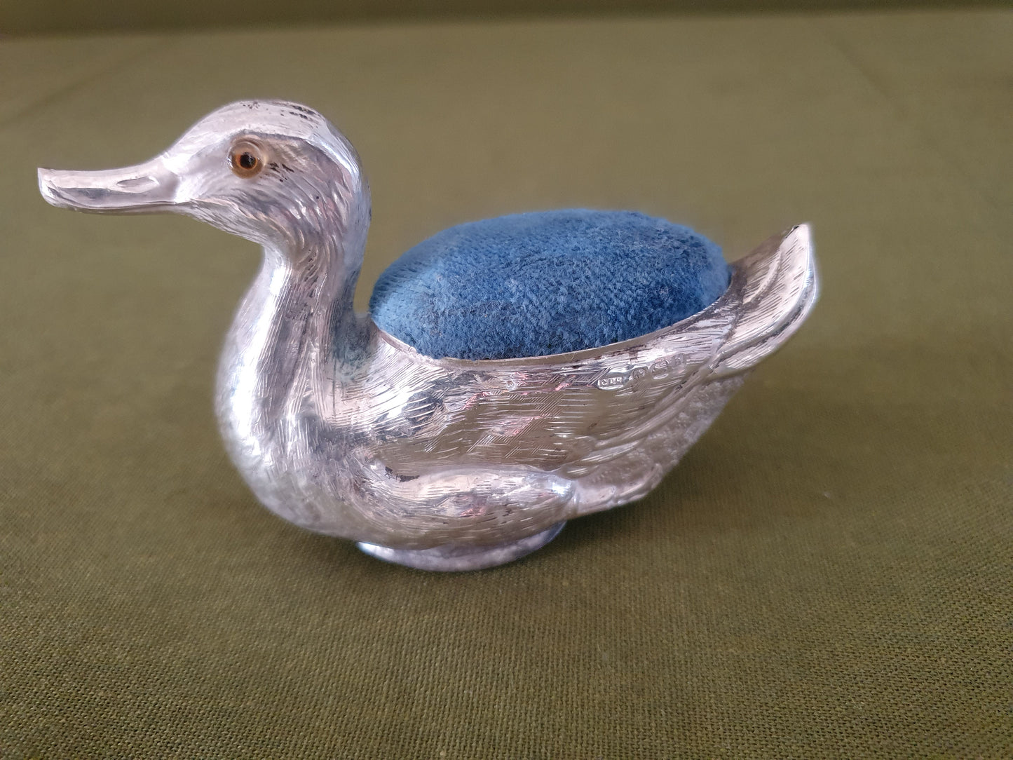 Novelty Large Solid Silver Duck Pin Cushion. Birmingham 1907. Crisford & Norris