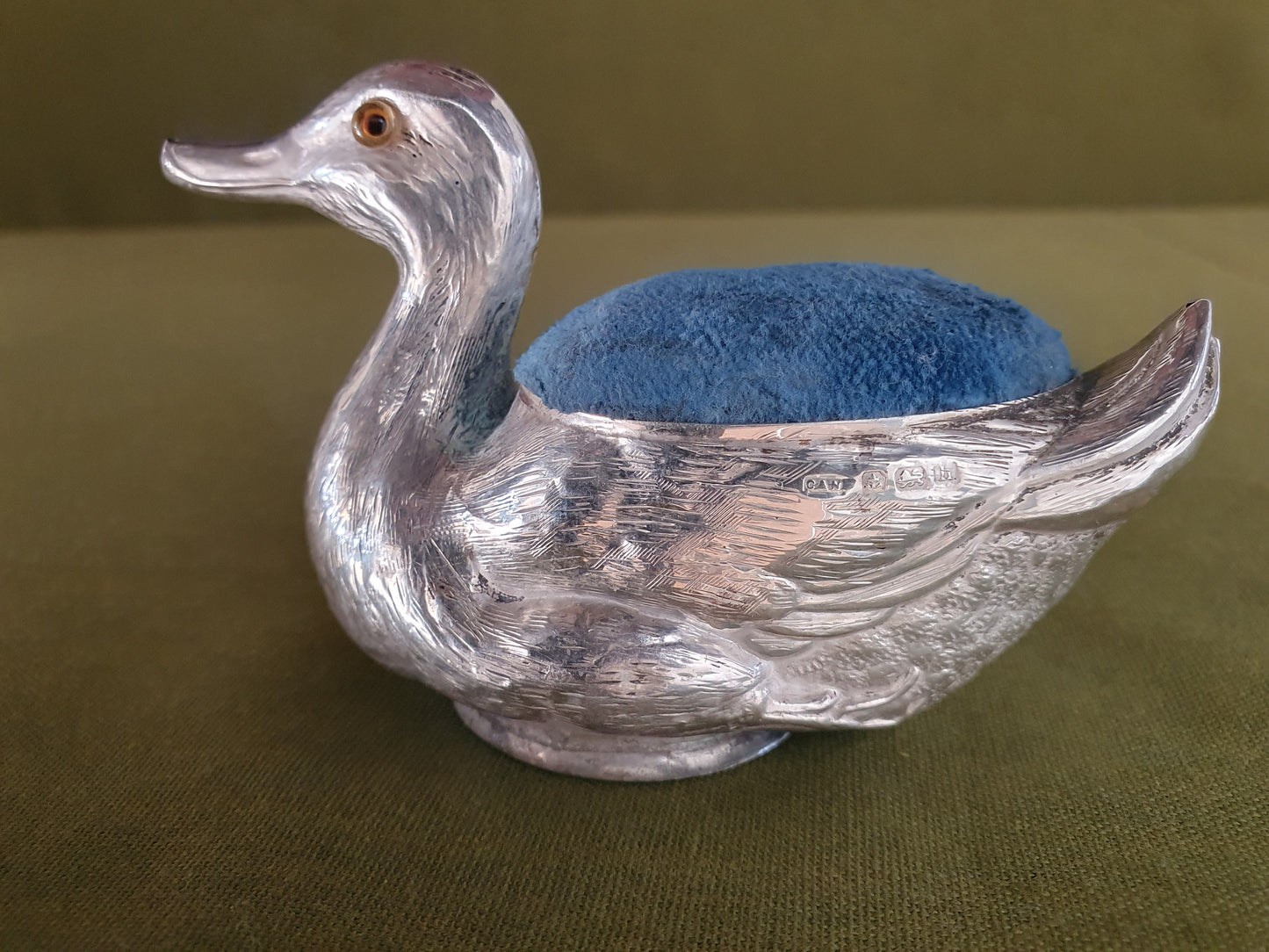 Novelty Large Solid Silver Duck Pin Cushion. Birmingham 1907. Crisford & Norris