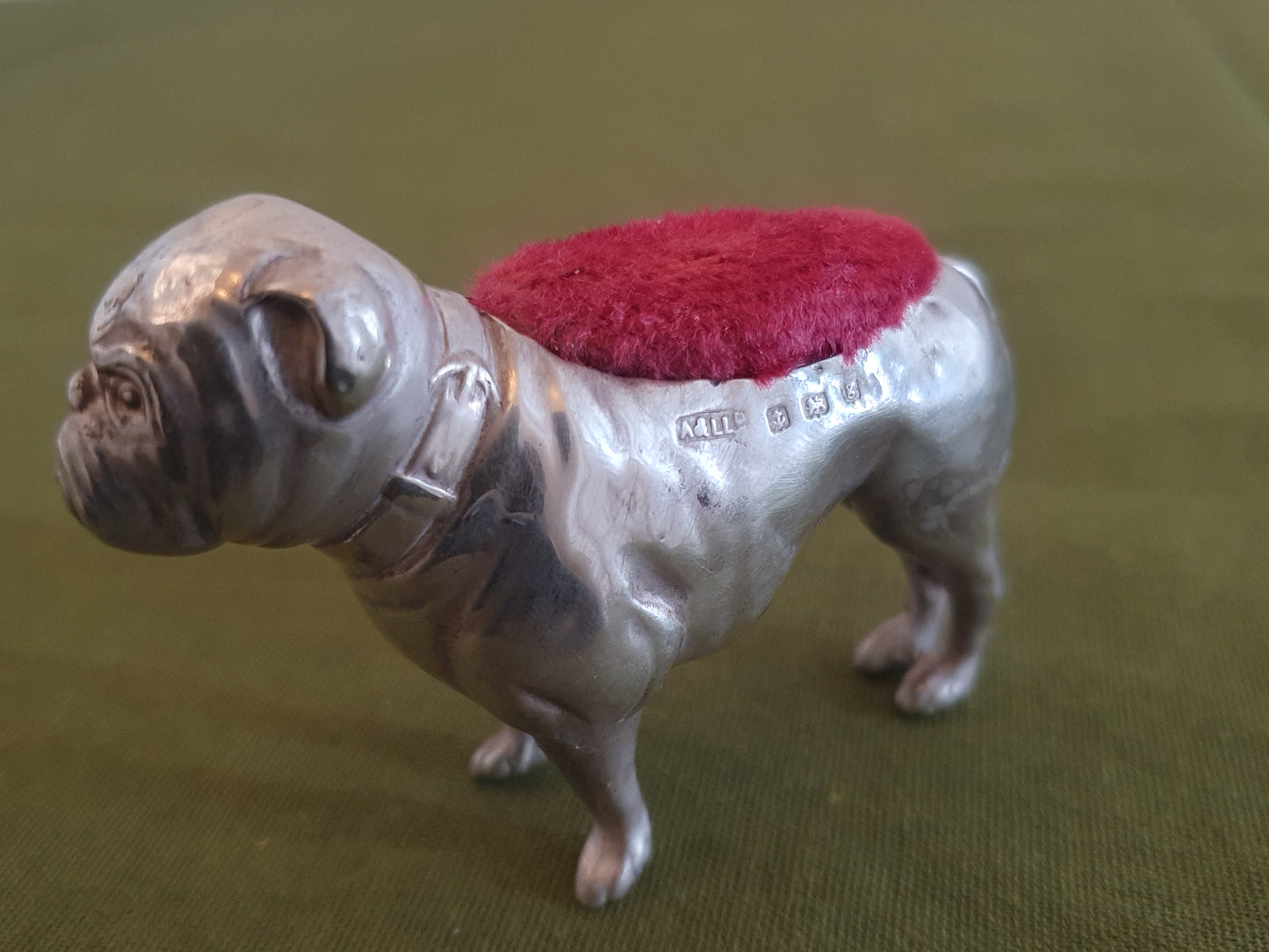 Novelty Solid Silver Bulldog Pin Cushion. Adie & Lovekin. Birmingham 1906.