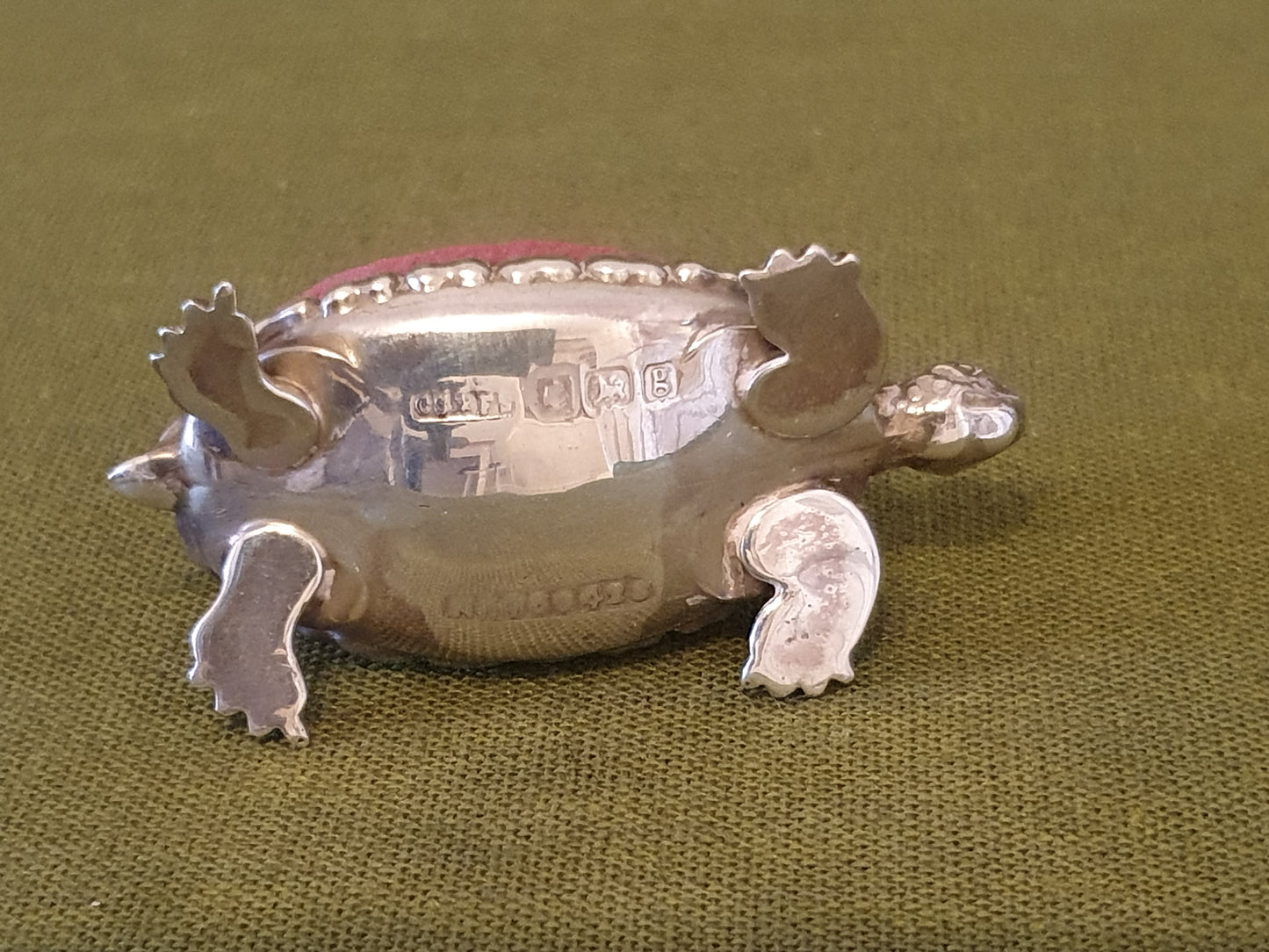 Novelty Solid Silver Tortoise pin cushion. B'ham 1906 by Saunders & Shepherd.