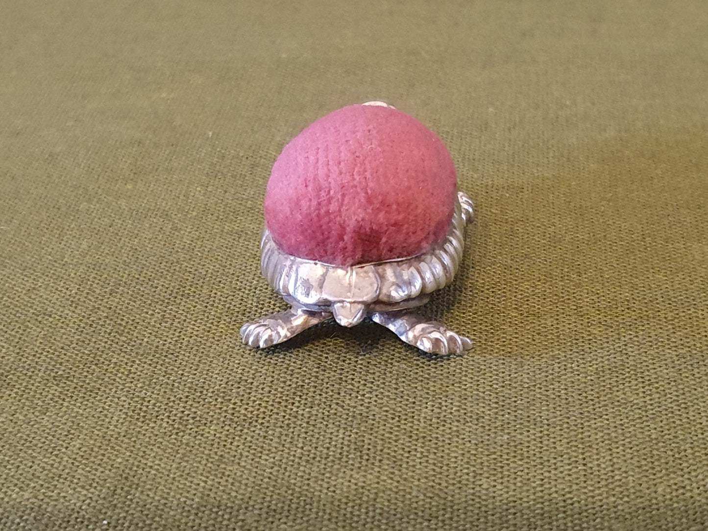 Novelty Solid Silver Tortoise pin cushion. B'ham 1906 by Saunders & Shepherd.