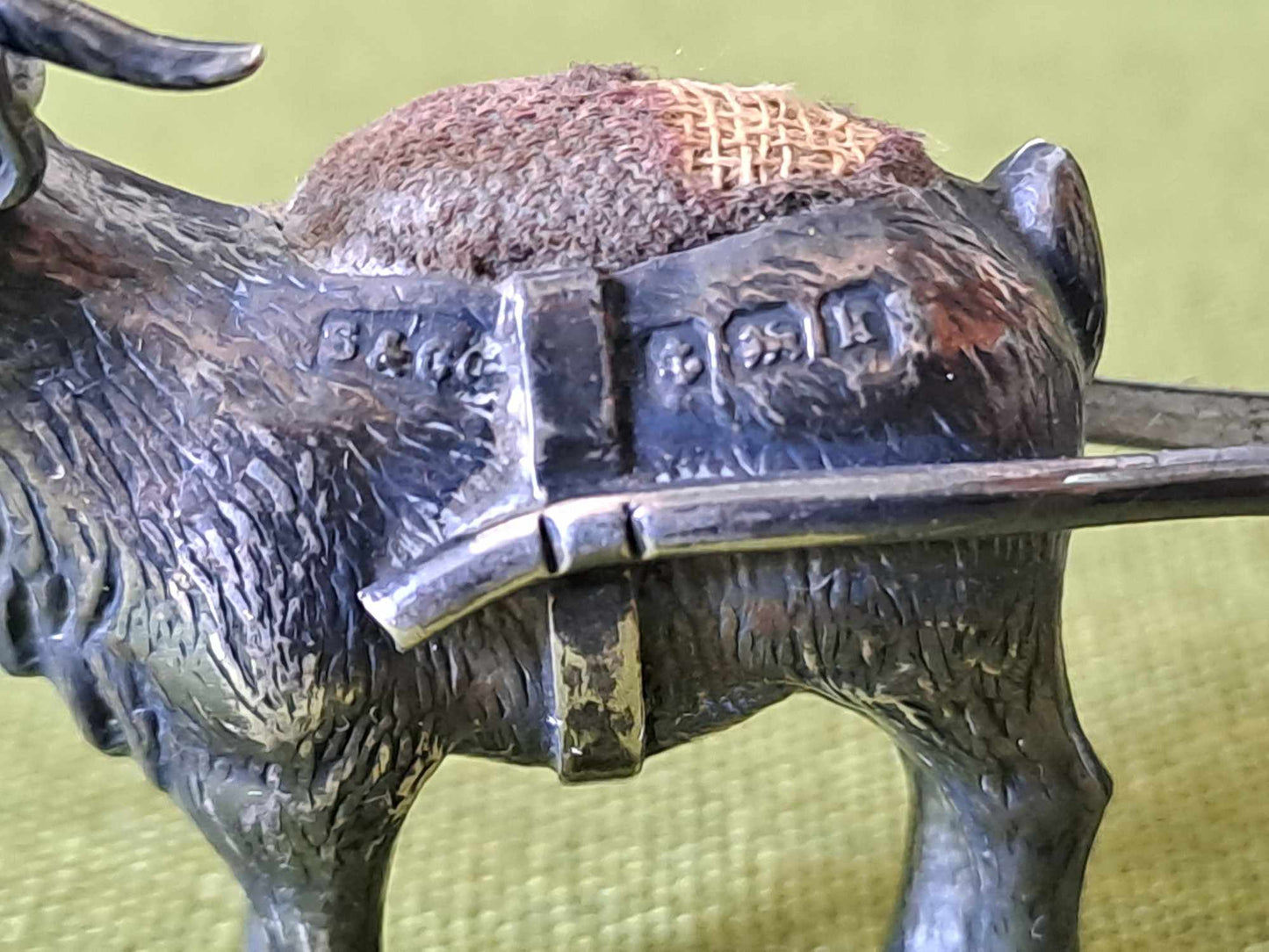 Novelty solid silver goat pin cushion & MOP cart. Birmingham 1909 by S & Co.