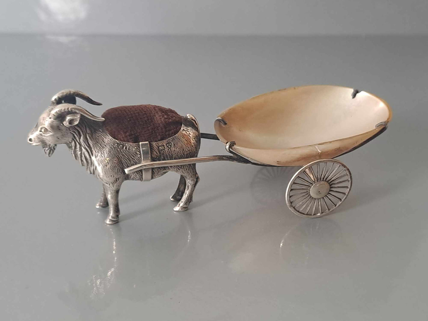 Novelty solid silver goat pin cushion & MOP cart. Chester 1909. Adie & Lovekin.