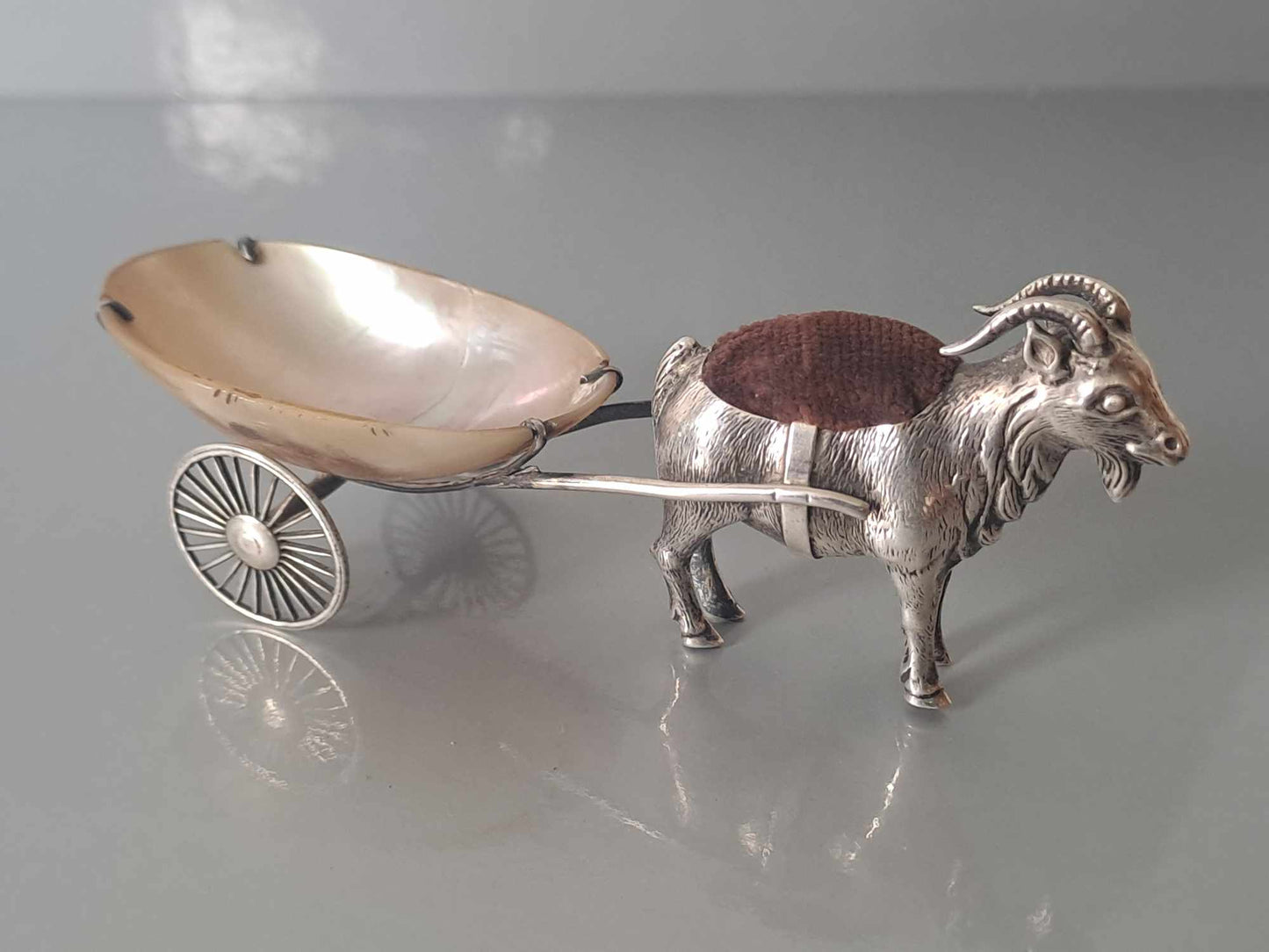 Novelty solid silver goat pin cushion & MOP cart. Chester 1909. Adie & Lovekin.