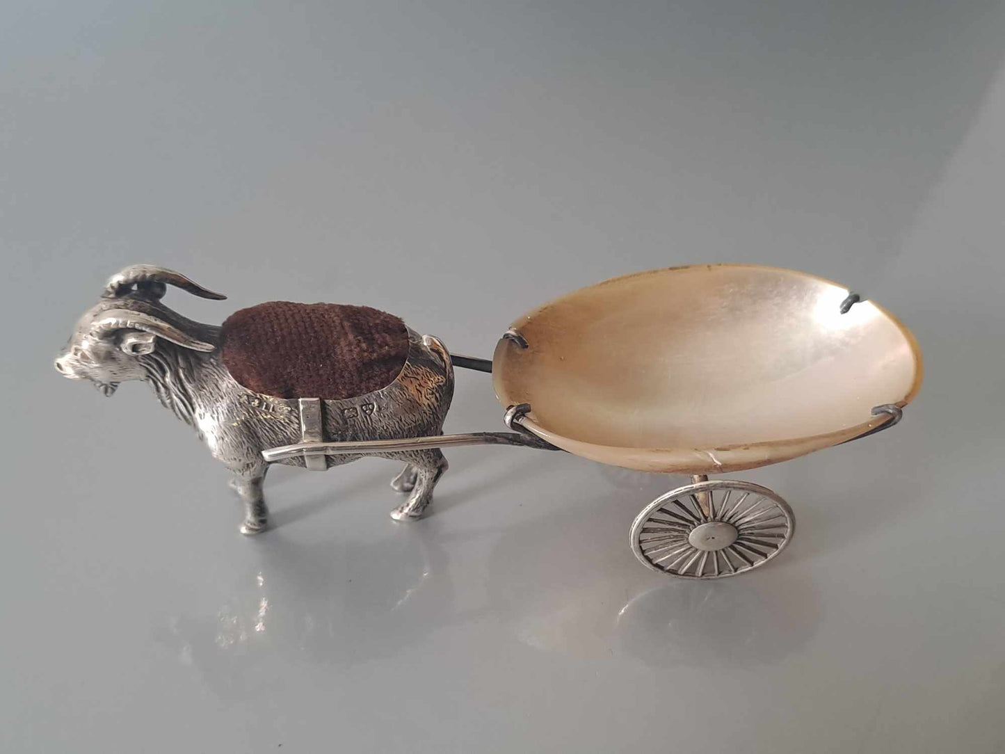 Novelty solid silver goat pin cushion & MOP cart. Chester 1909. Adie & Lovekin.