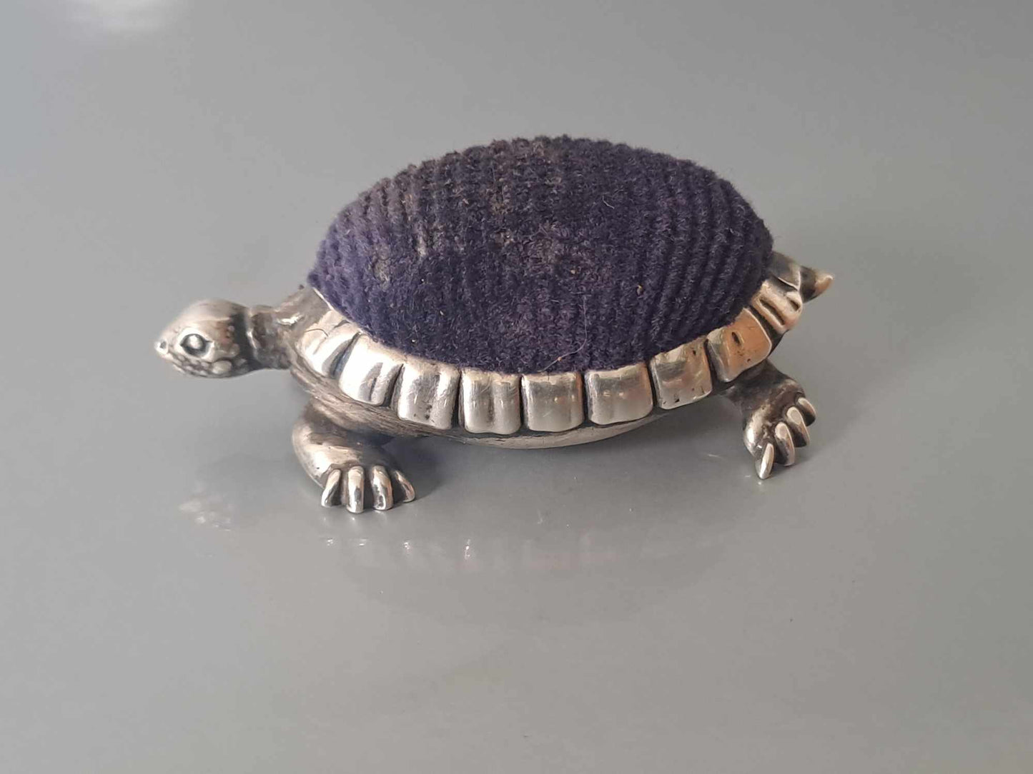 Novelty Solid Silver Tortoise pin cushion. B'ham 1906 by Saunders & Shepherd.