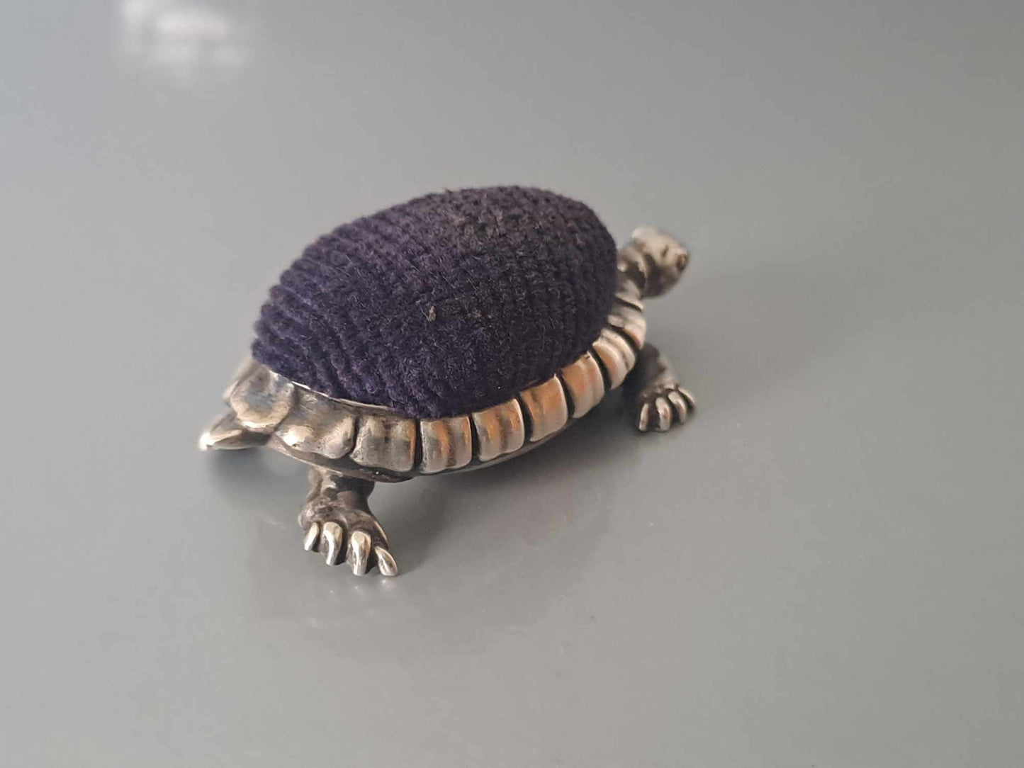 Novelty Solid Silver Tortoise pin cushion. B'ham 1906 by Saunders & Shepherd.
