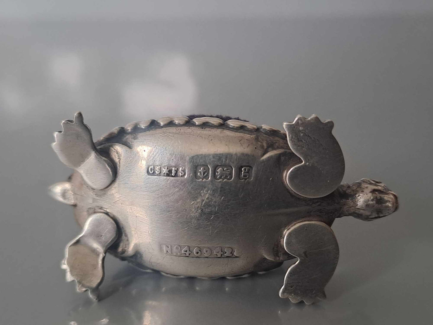 Novelty Solid Silver Tortoise pin cushion. B'ham 1906 by Saunders & Shepherd.