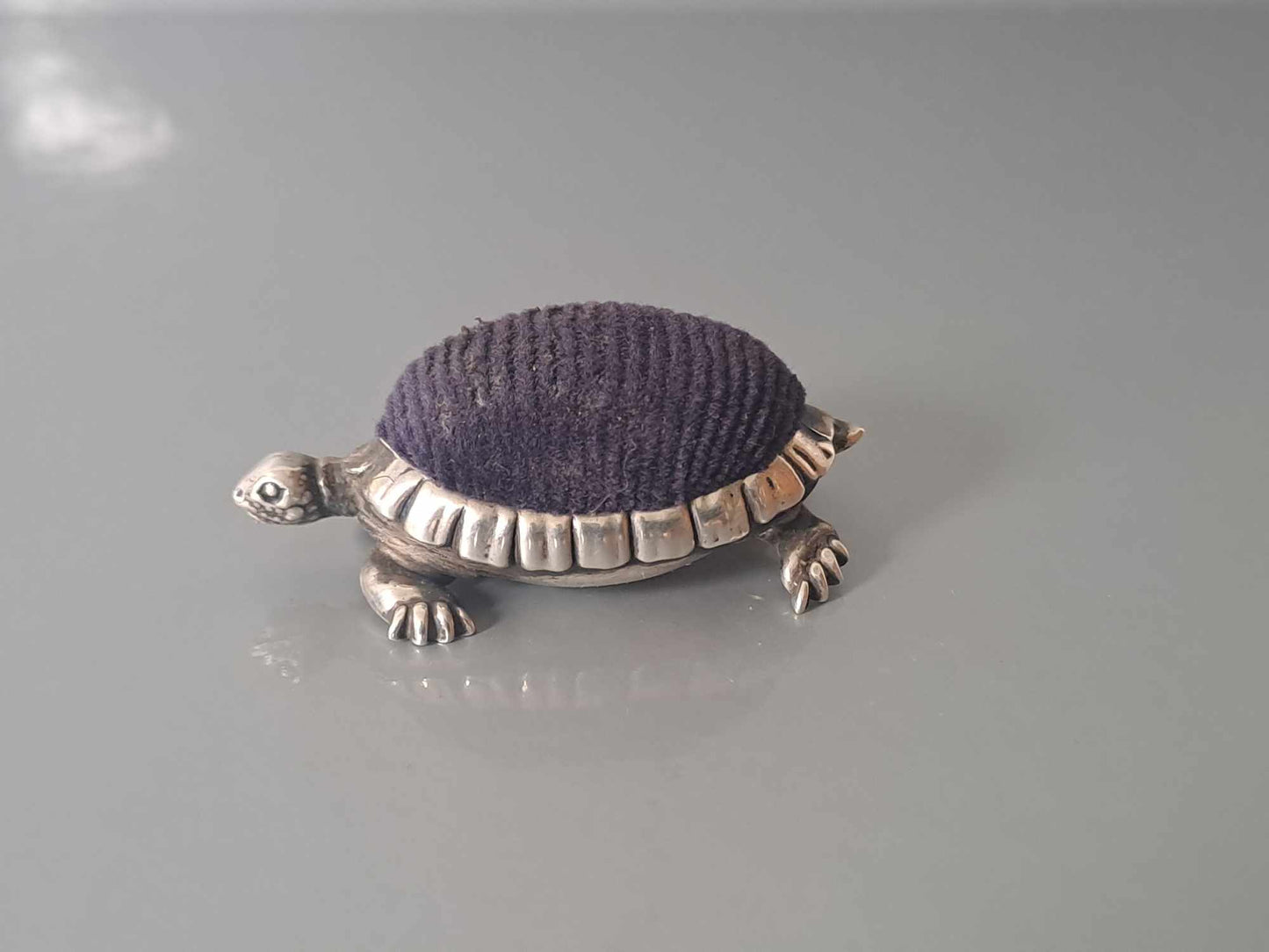 Novelty Solid Silver Tortoise pin cushion. B'ham 1906 by Saunders & Shepherd.
