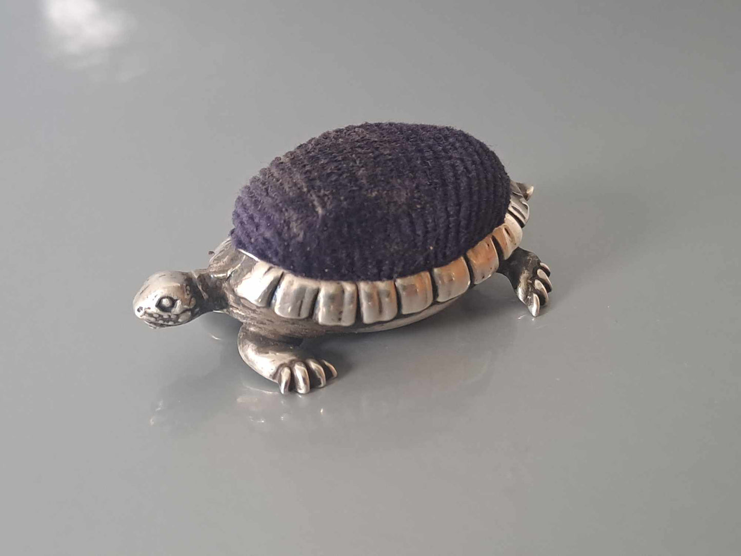 Novelty Solid Silver Tortoise pin cushion. B'ham 1906 by Saunders & Shepherd.