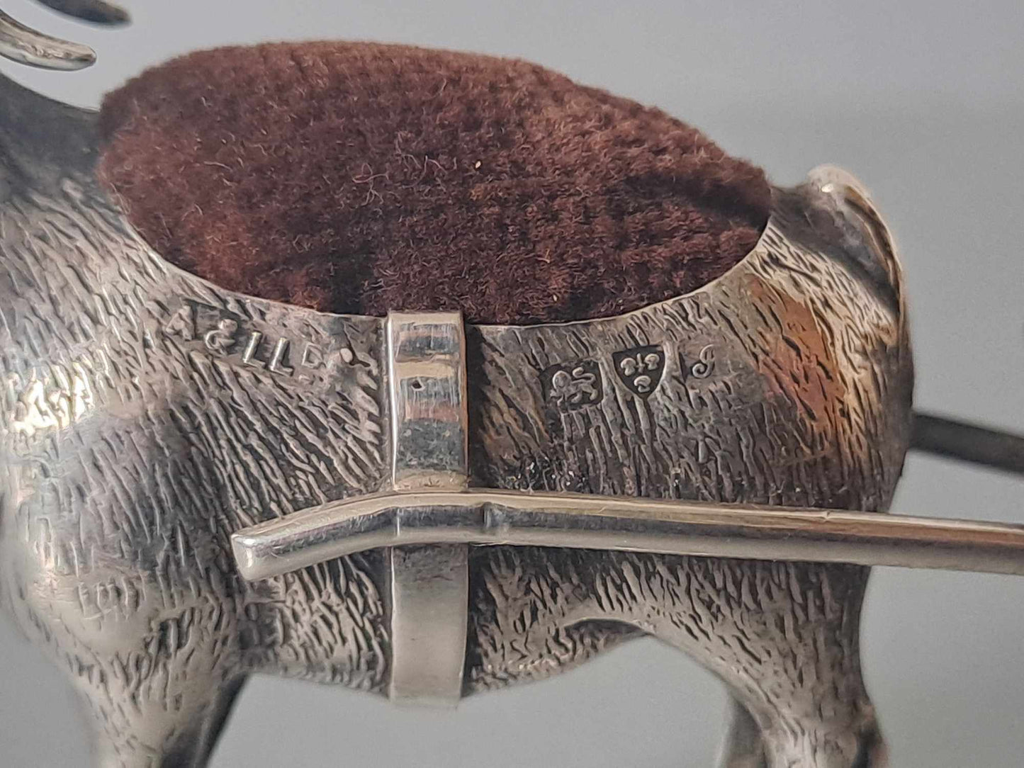 Novelty solid silver goat pin cushion & MOP cart. Chester 1909. Adie & Lovekin.