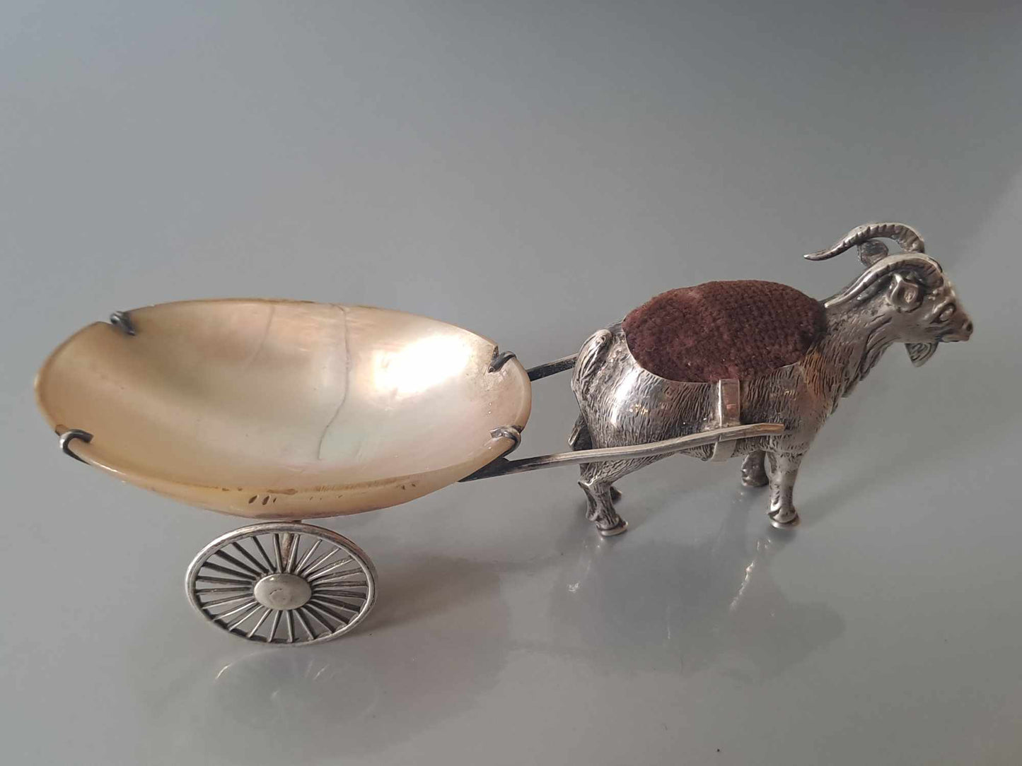 Novelty solid silver goat pin cushion & MOP cart. Chester 1909. Adie & Lovekin.