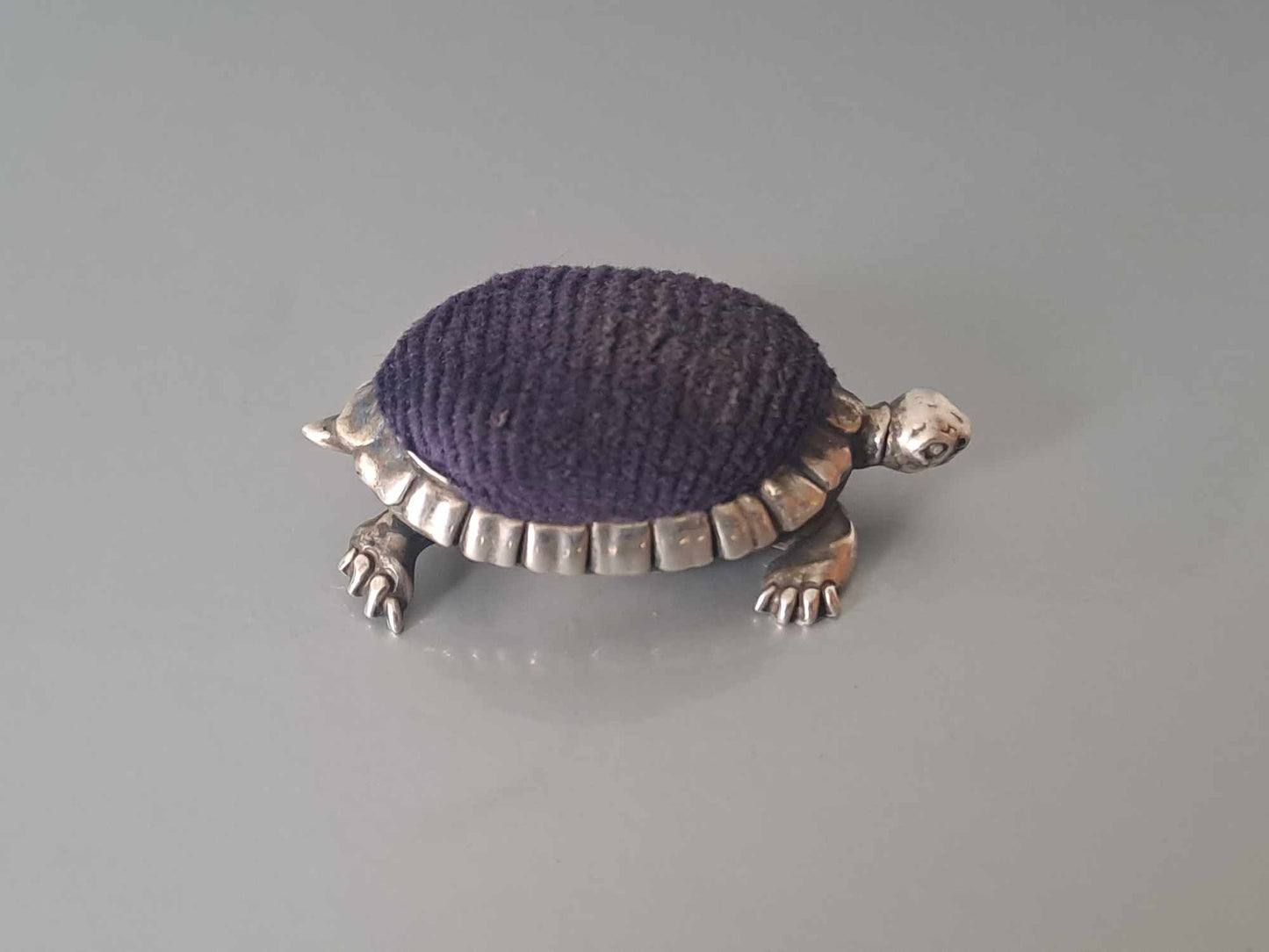 Novelty Solid Silver Tortoise pin cushion. B'ham 1906 by Saunders & Shepherd.