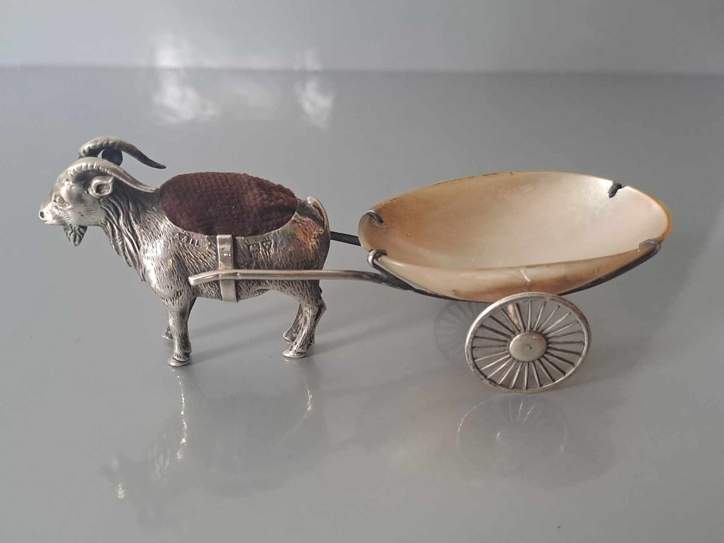 Novelty solid silver goat pin cushion & MOP cart. Chester 1909. Adie & Lovekin.