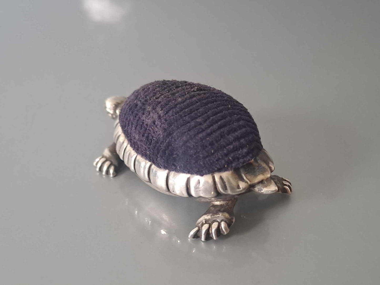 Novelty Solid Silver Tortoise pin cushion. B'ham 1906 by Saunders & Shepherd.