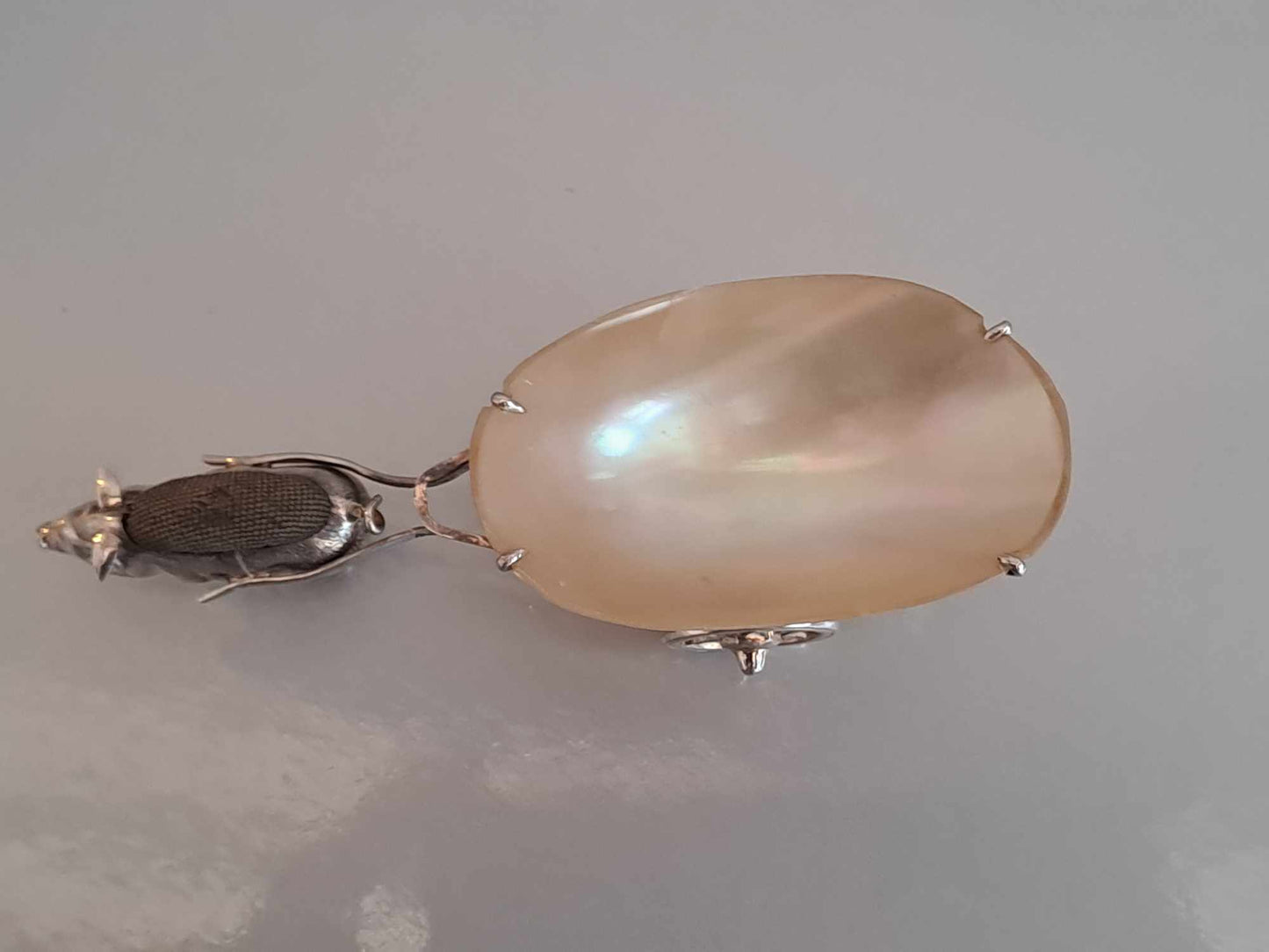Solid silver pig pin cushion with mother of pearl cart. Adie & Lovekin. Chester 1912.