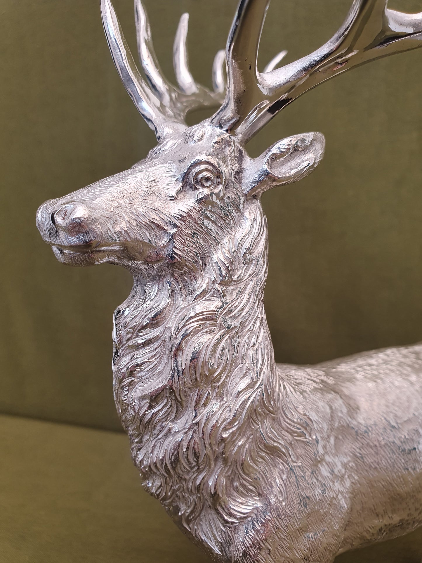 Solid silver stag. Cast, with fine hand chased detail. 24 CM tall. 930 grams.