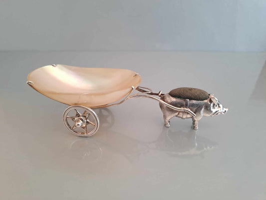 Solid silver pig pin cushion with mother of pearl cart. Adie & Lovekin. Chester 1912.