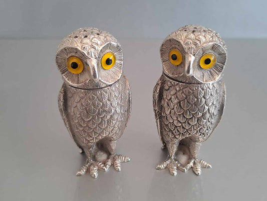 Pair of solid silver owl peppers. Sheffield 2023.