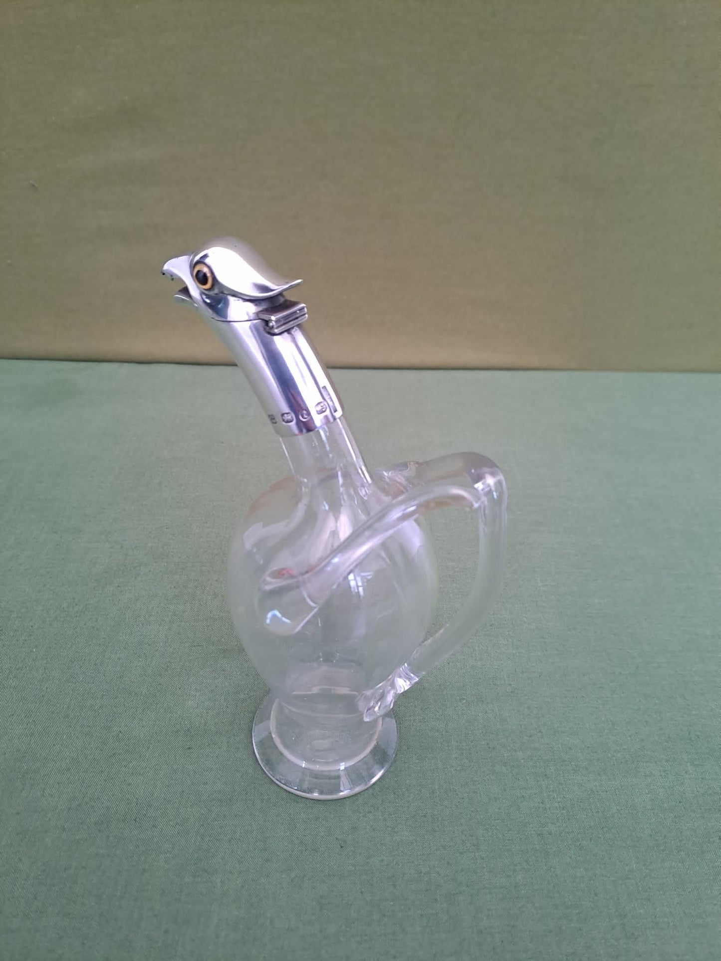 Novelty Solid Silver & glass bird decanter. Birmingham 1893. Makers JTH & JHM.