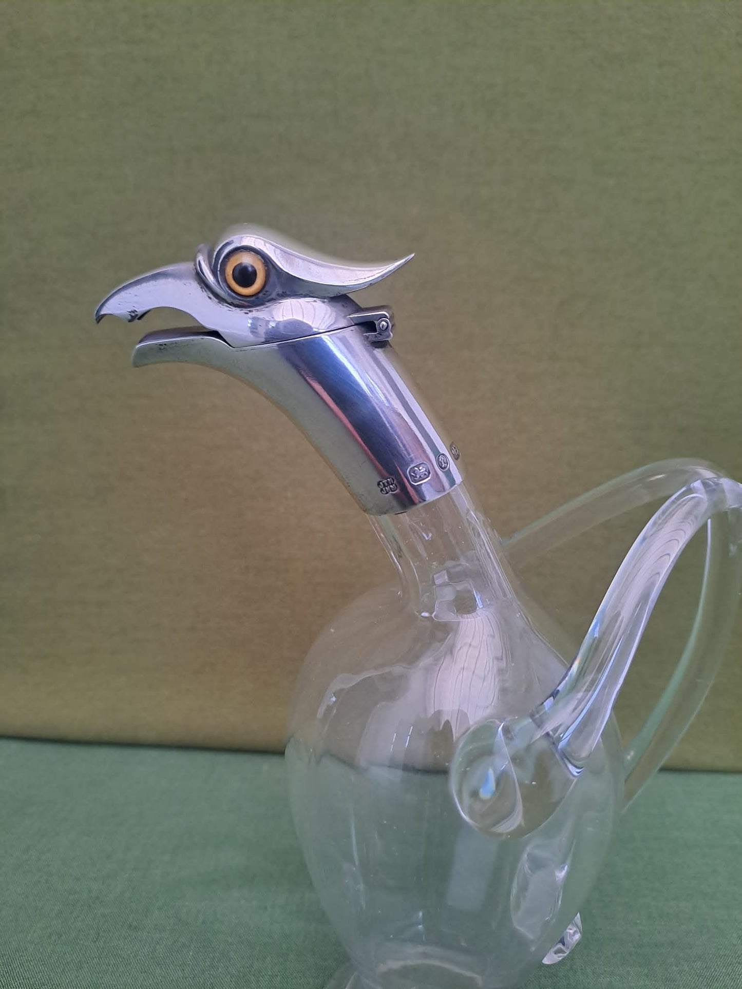 Novelty Solid Silver & glass bird decanter. Birmingham 1893. Makers JTH & JHM.