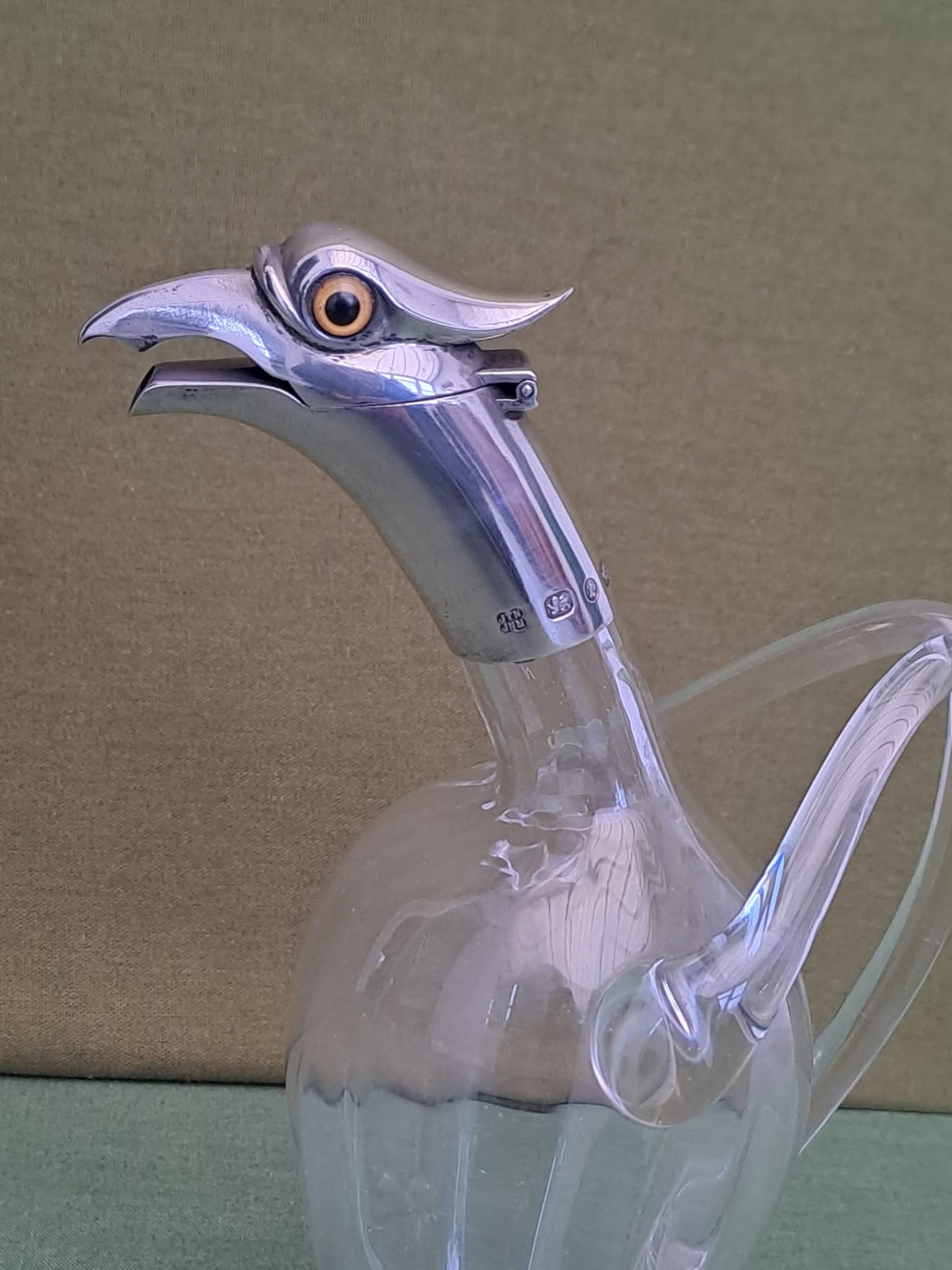 Novelty Solid Silver & glass bird decanter. Birmingham 1893. Makers JTH & JHM.