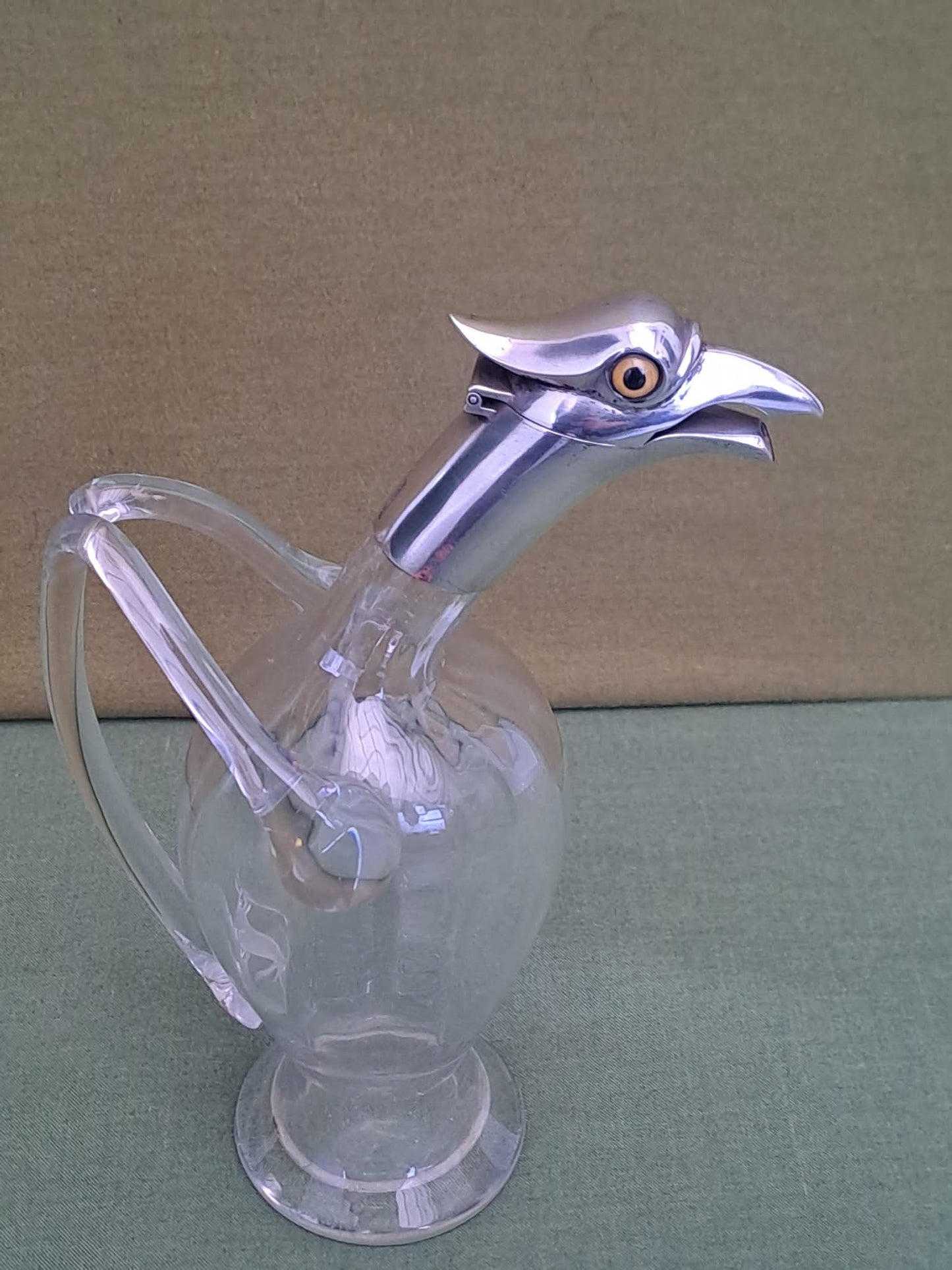 Novelty Solid Silver & glass bird decanter. Birmingham 1893. Makers JTH & JHM.
