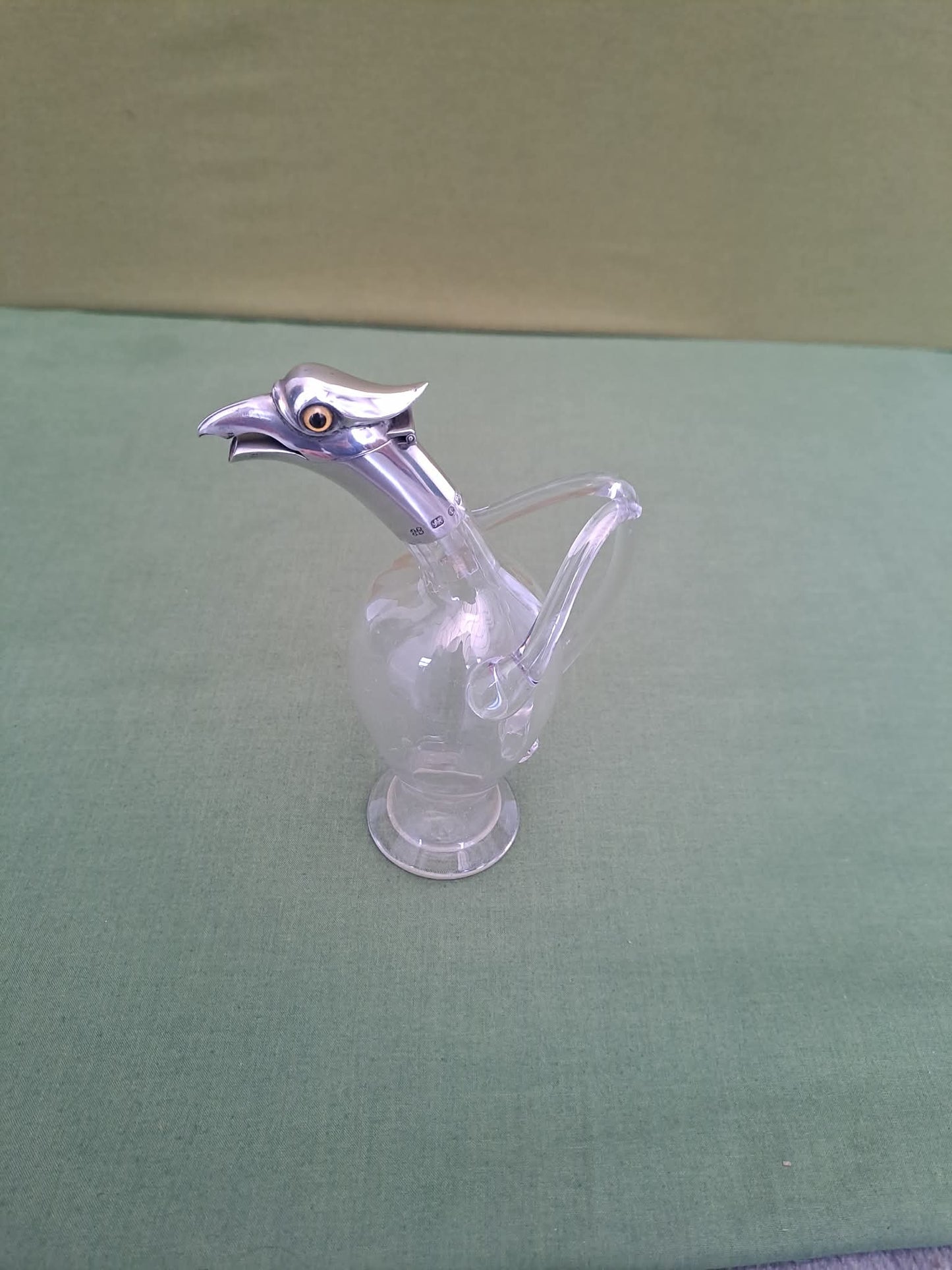 Novelty Solid Silver & glass bird decanter. Birmingham 1893. Makers JTH & JHM.